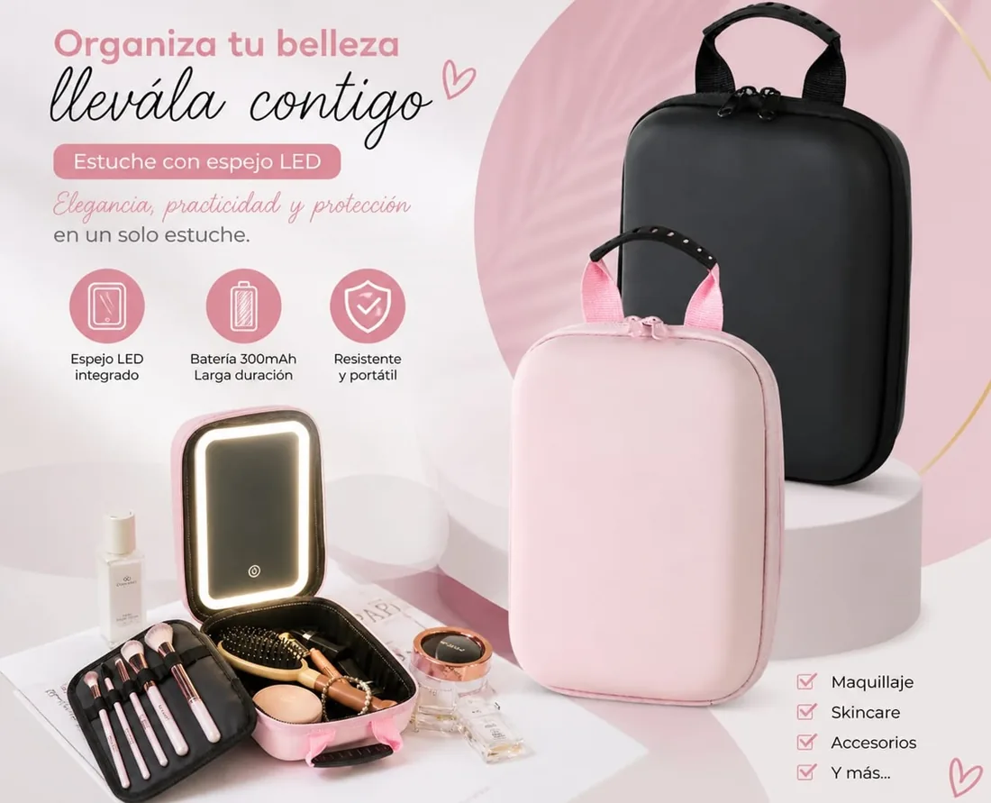 Estuche organizador con espejo LED en rosado y negro